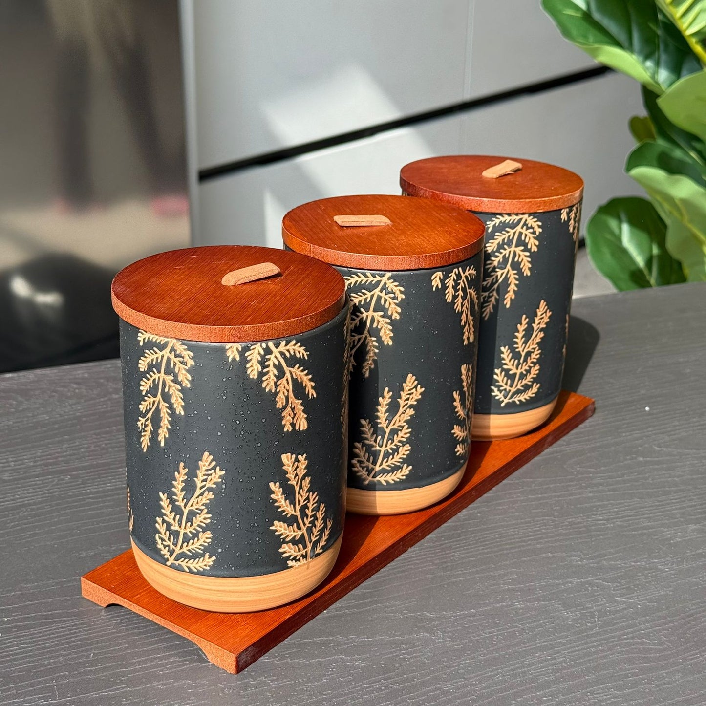 Luxury Ceramic Storage Jar Set with Wooden Lids & Stand