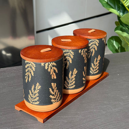 Luxury Ceramic Storage Jar Set with Wooden Lids & Stand