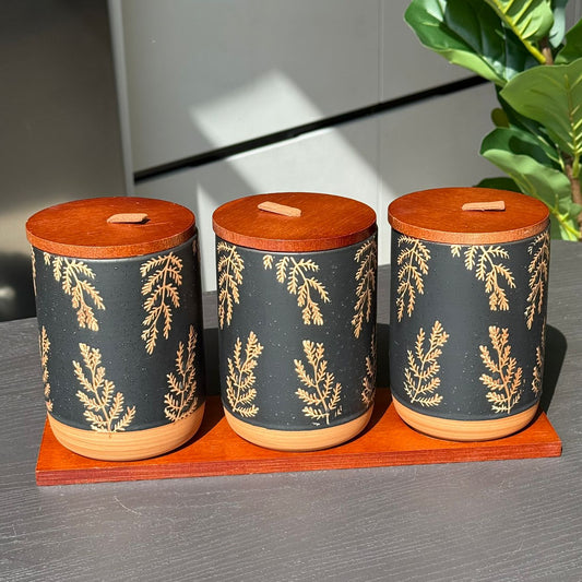 Luxury Ceramic Storage Jar Set with Wooden Lids & Stand