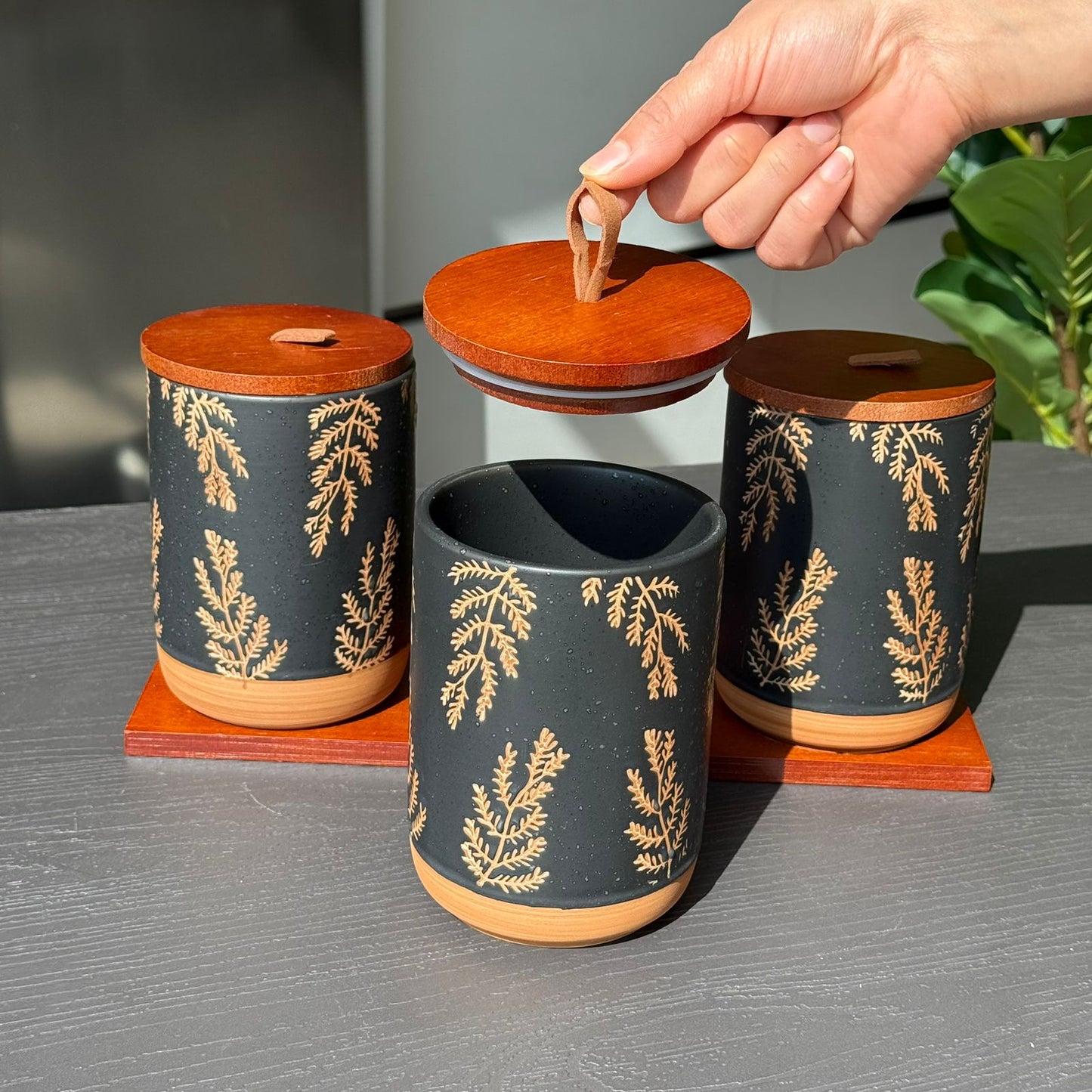 Luxury Ceramic Storage Jar Set with Wooden Lids & Stand