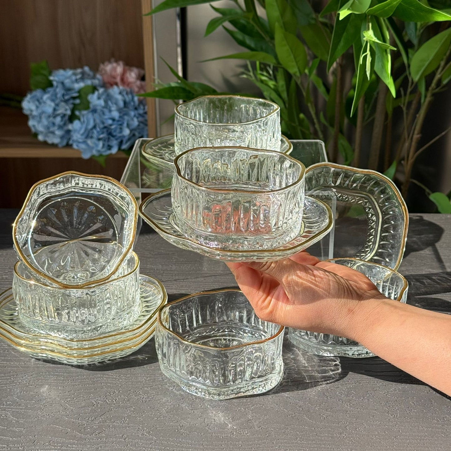 Elegant Glass Snack Serving Bowls with Plates – 12 Pieces