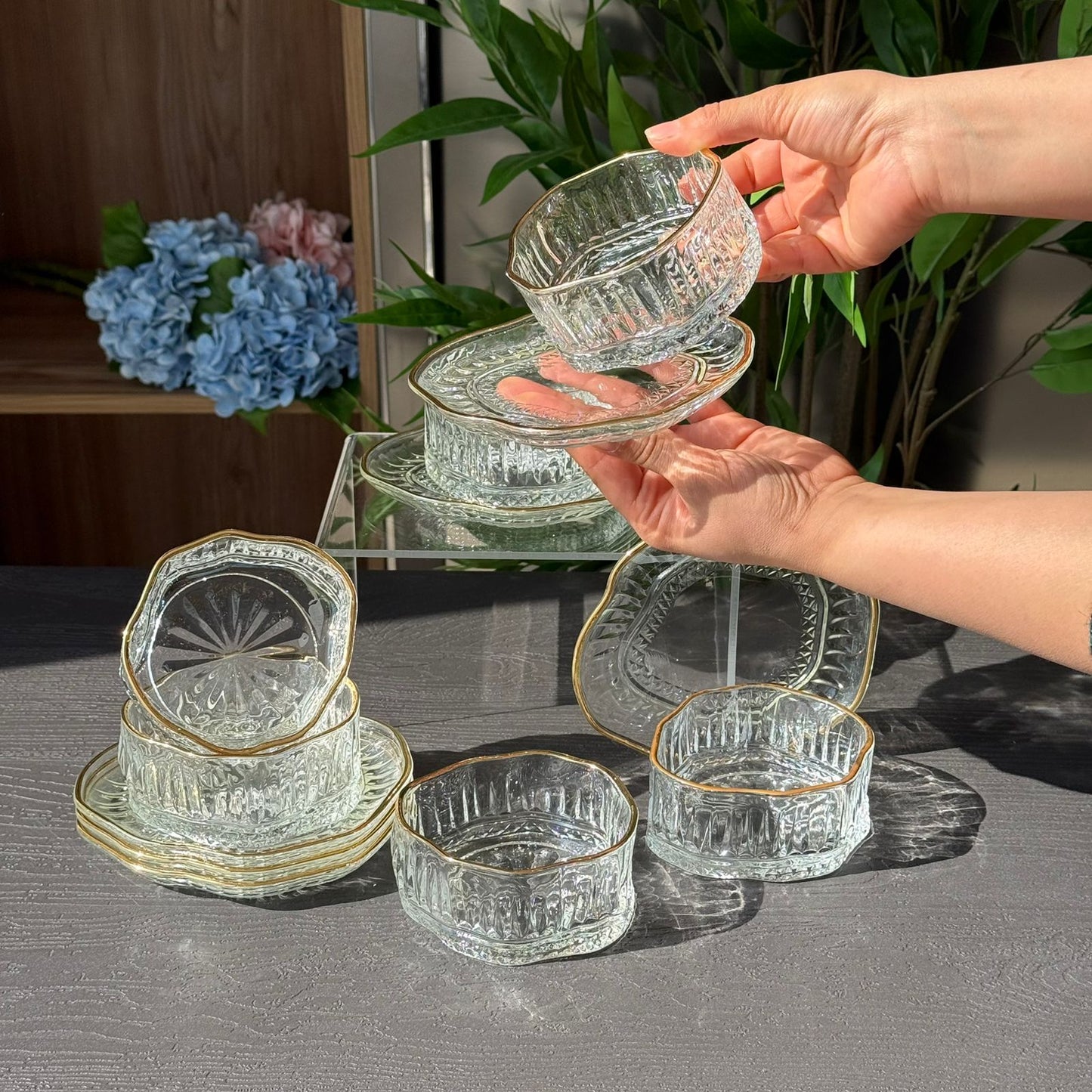 Elegant Glass Snack Serving Bowls with Plates – 12 Pieces