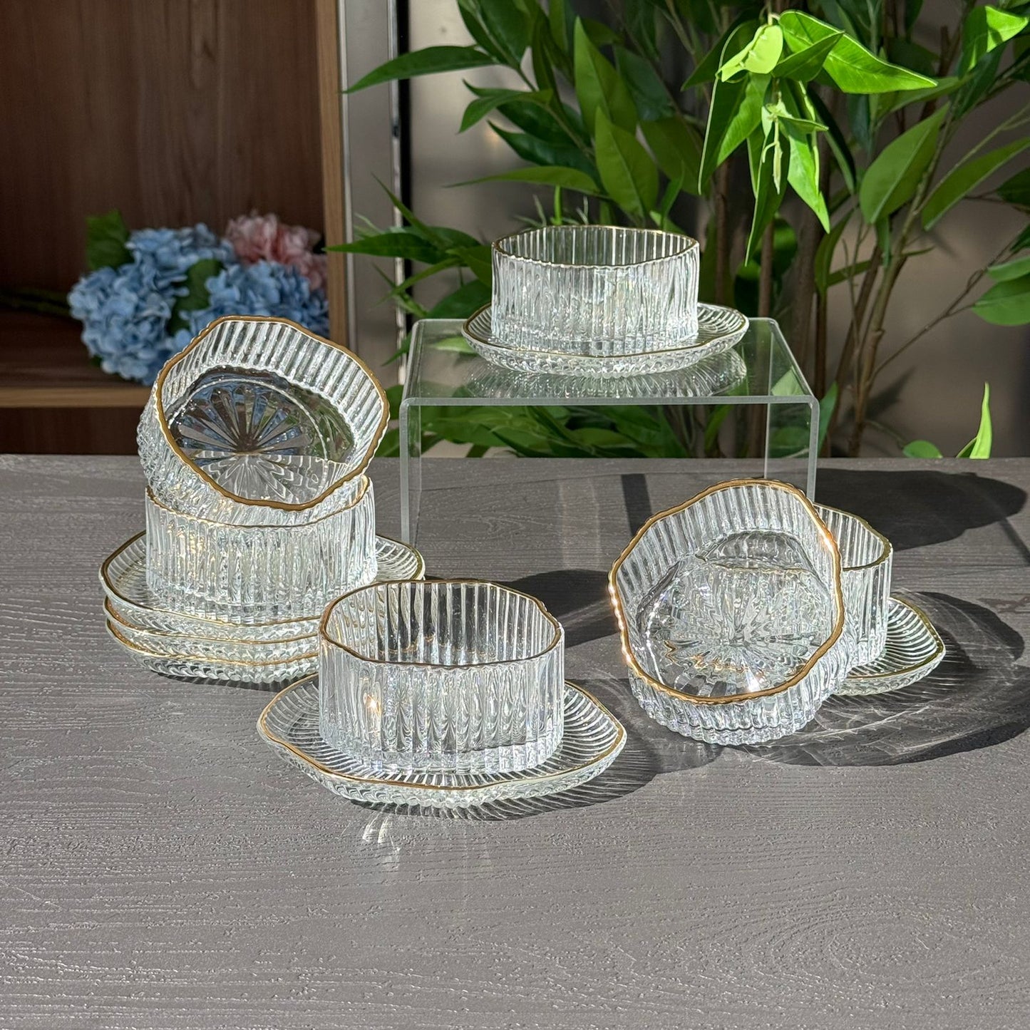 Elegant Glass Snack Serving Bowls with Plates – 12 Pieces