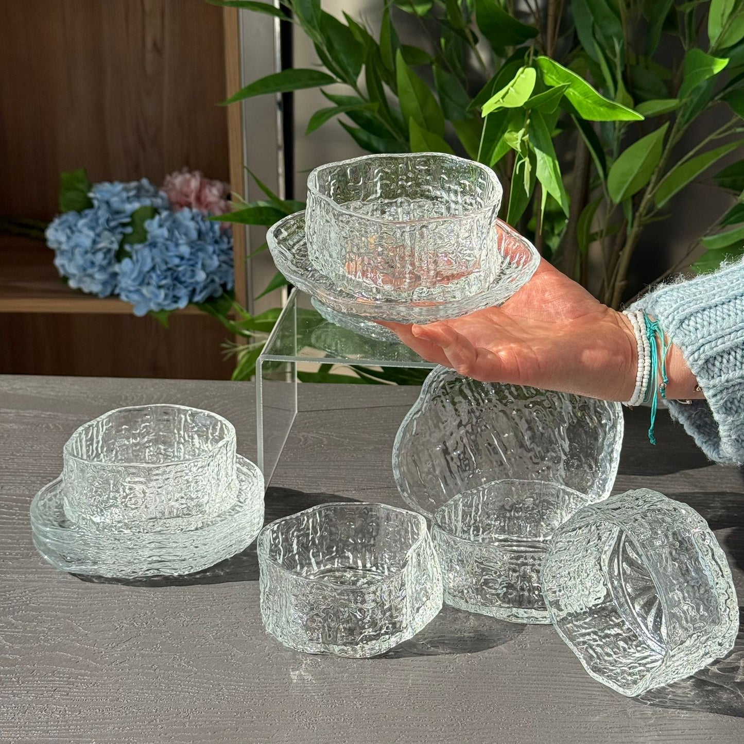 Elegant Glass Snack Serving Bowls with Plates – 12 Pieces