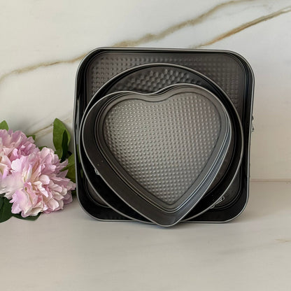 3-Pieces Non-Stick Springform Cake Pan Set – Heart, Round & Square Shapes