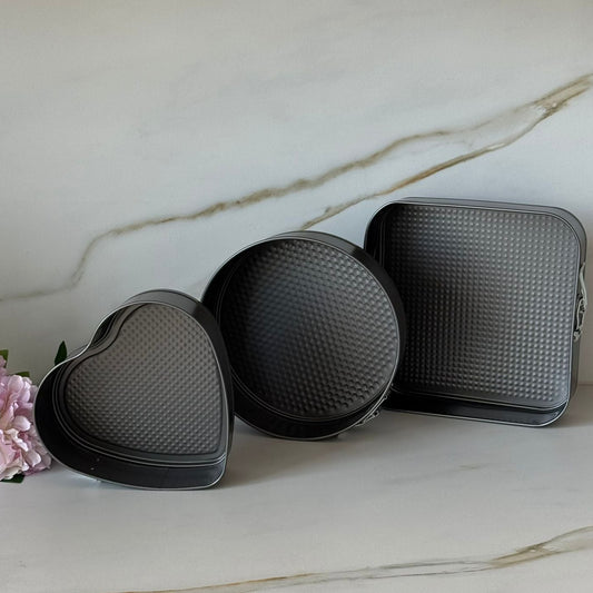 3-Pieces Non-Stick Springform Cake Pan Set – Heart, Round & Square Shapes