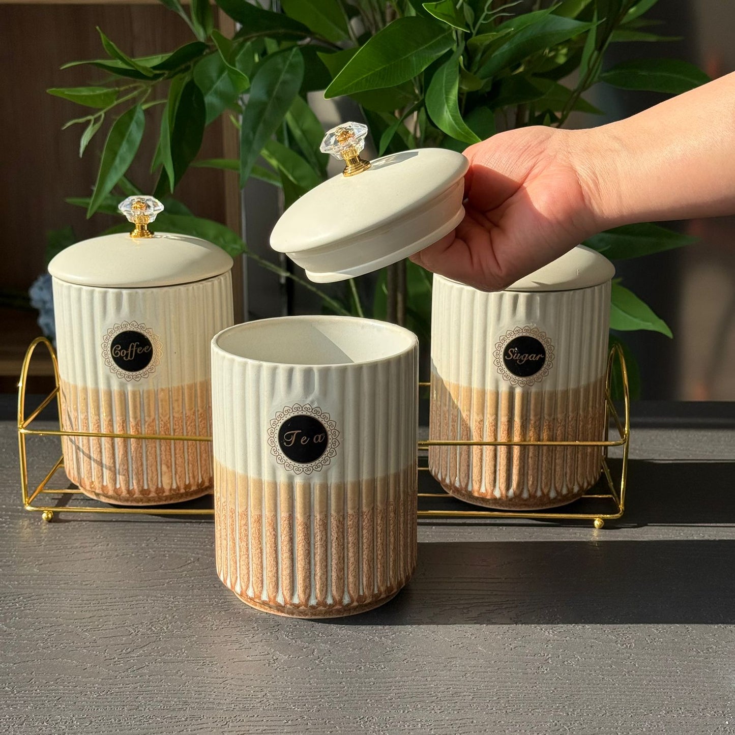 Luxury Ceramic Coffee, Sugar & Tea Storage Jar Set with Metallic Stand