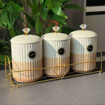 Luxury Ceramic Coffee, Sugar & Tea Storage Jar Set with Metallic Stand