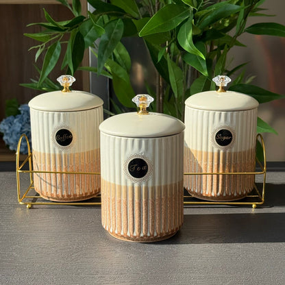 Luxury Ceramic Coffee, Sugar & Tea Storage Jar Set with Metallic Stand
