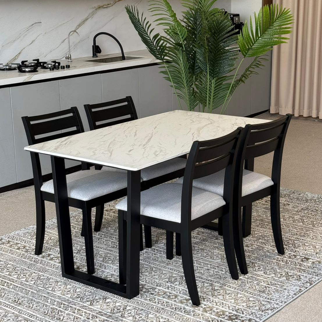 TRISTON Modern Wooden Chairs with Egan Marble Luxury Dining Set