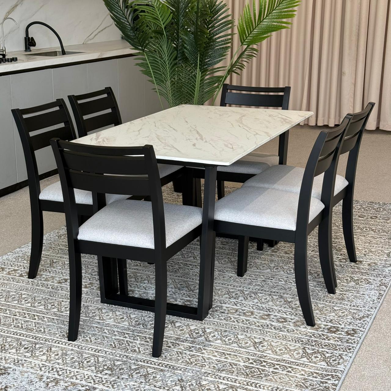TRISTON Modern Wooden Chairs with Egan Marble Luxury Dining Set