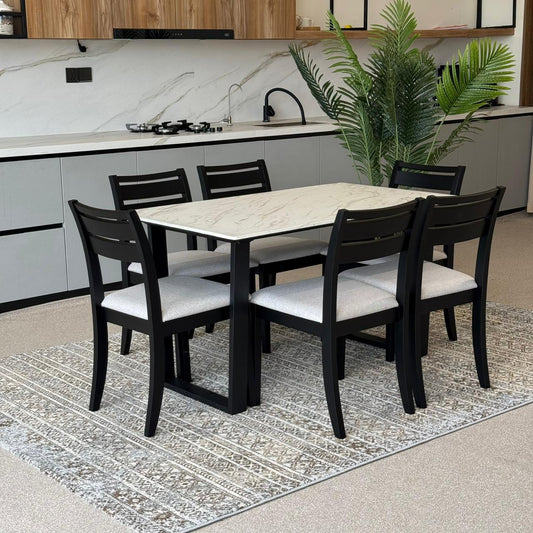 TRISTON Modern Wooden Chairs with Egan Marble Luxury Dining Set