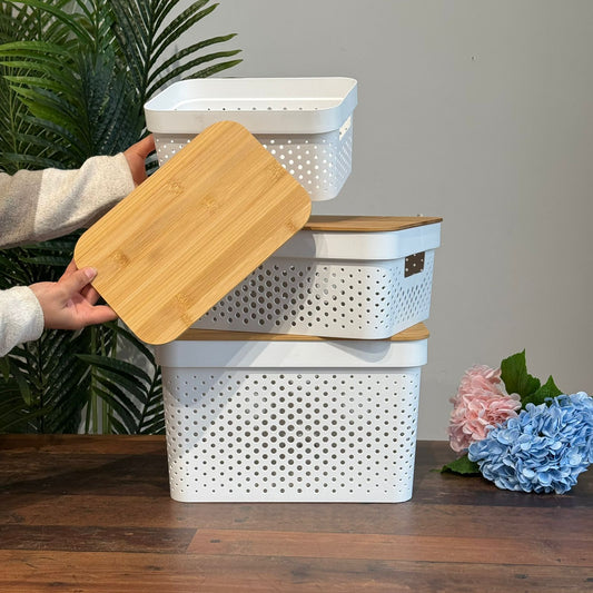 Modern Multi-Purpose Storage Basket With Wooden Lid