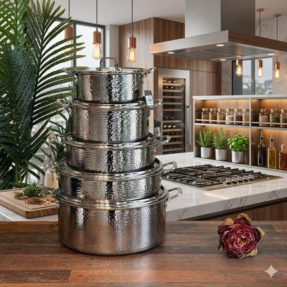 Luxury Hammered Stainless Steel Cookware Set with Frying Pan