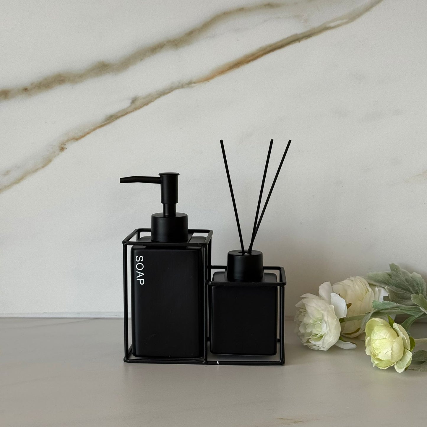 Modern Black Soap Dispenser & Reed Diffuser Set