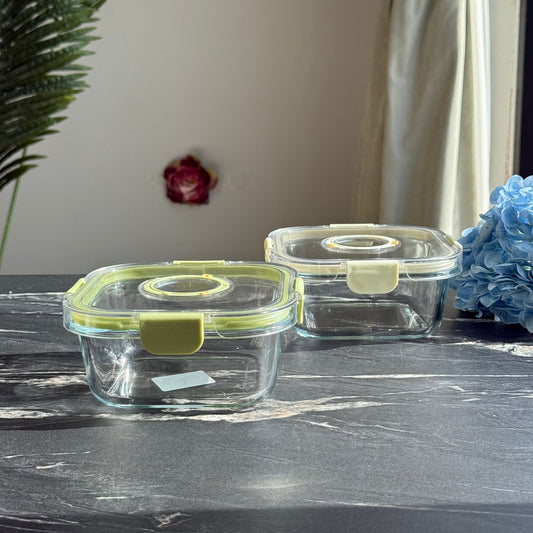 Modern Airtight Glass Food Storage Box Set with Date Dual Lids (Square)
