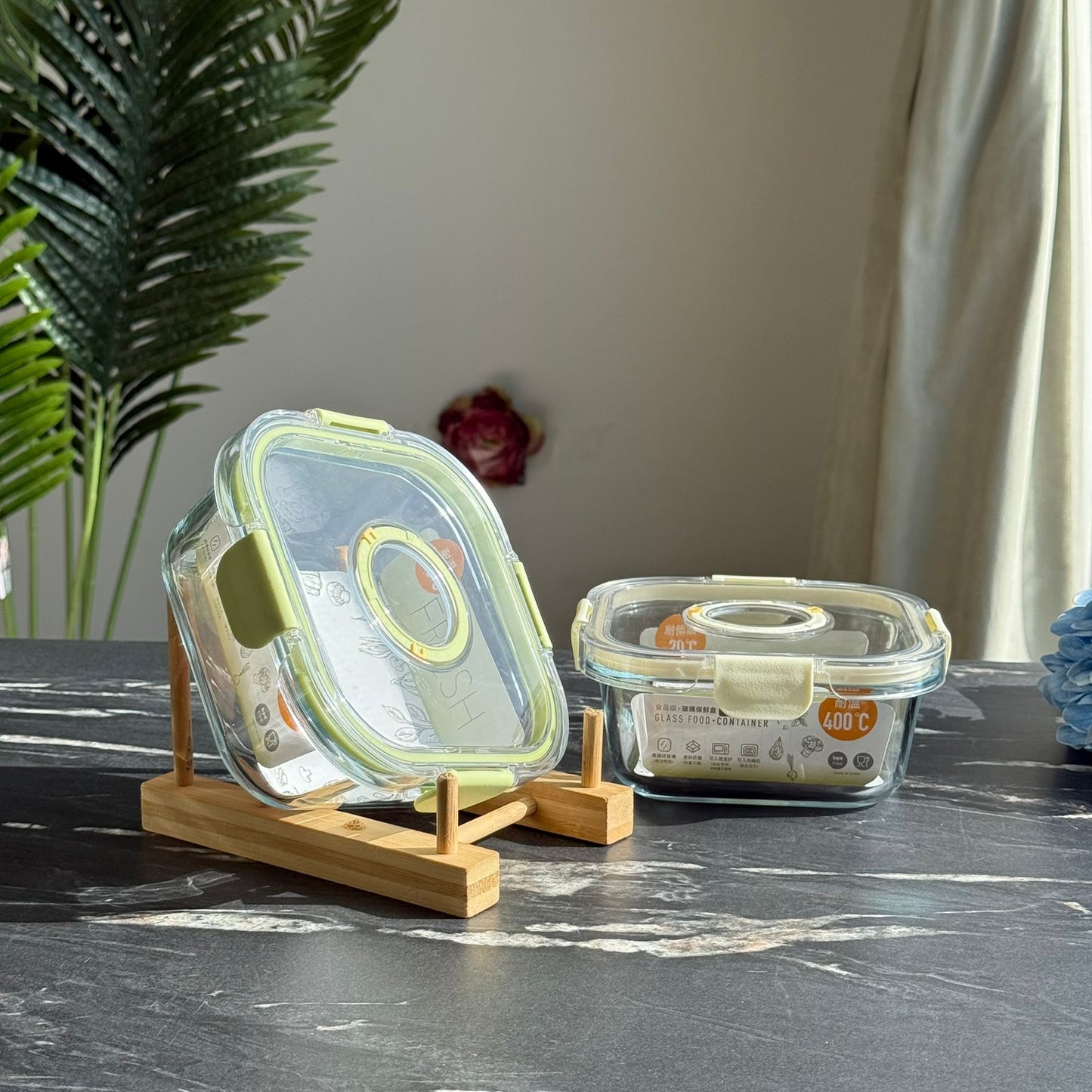 Modern Airtight Glass Food Storage Box Set with Date Dual Lids (Square)