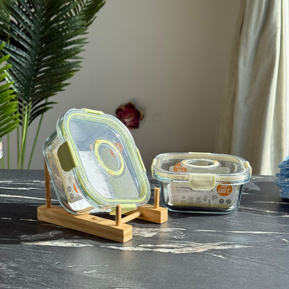 Modern Airtight Glass Food Storage Box Set with Date Dual Lids (Square)