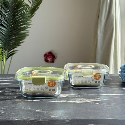 Modern Airtight Glass Food Storage Box Set with Date Dual Lids (Square)