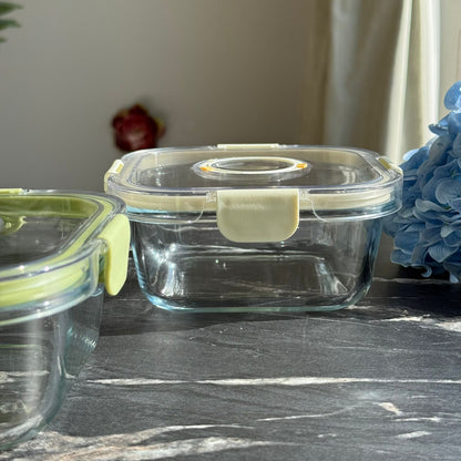 Modern Airtight Glass Food Storage Box Set with Date Dual Lids (Square)