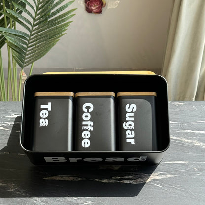 Modern Bread Bin with Storage Canister Set And Wooden Lid