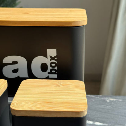 Modern Bread Bin with Storage Canister Set And Wooden Lid