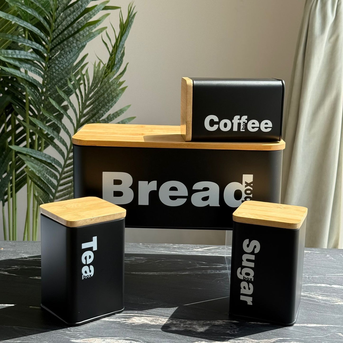 Modern Bread Bin with Storage Canister Set And Wooden Lid