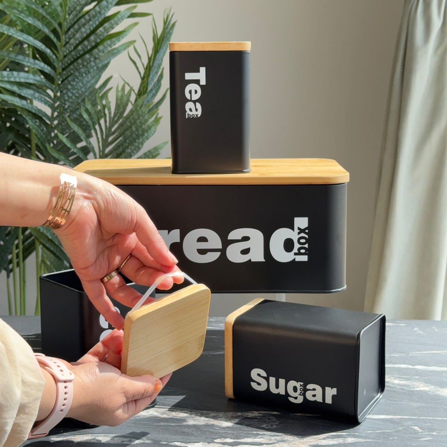 Modern Bread Bin with Storage Canister Set And Wooden Lid