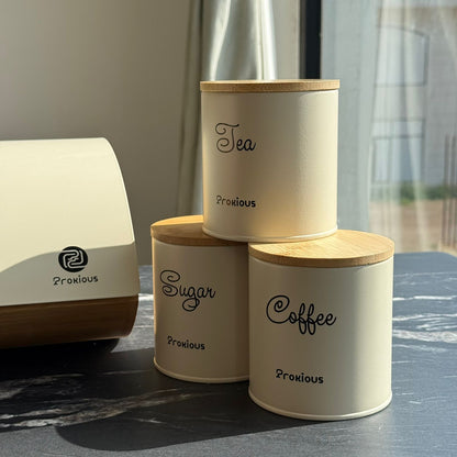 Modern Bread Bin with Storage Canister Set & Wooden Lid