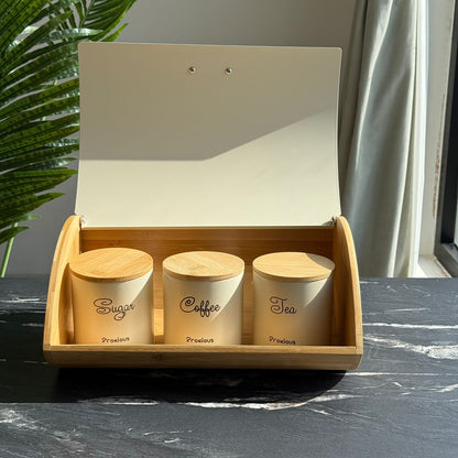 Modern Bread Bin with Storage Canister Set & Wooden Lid