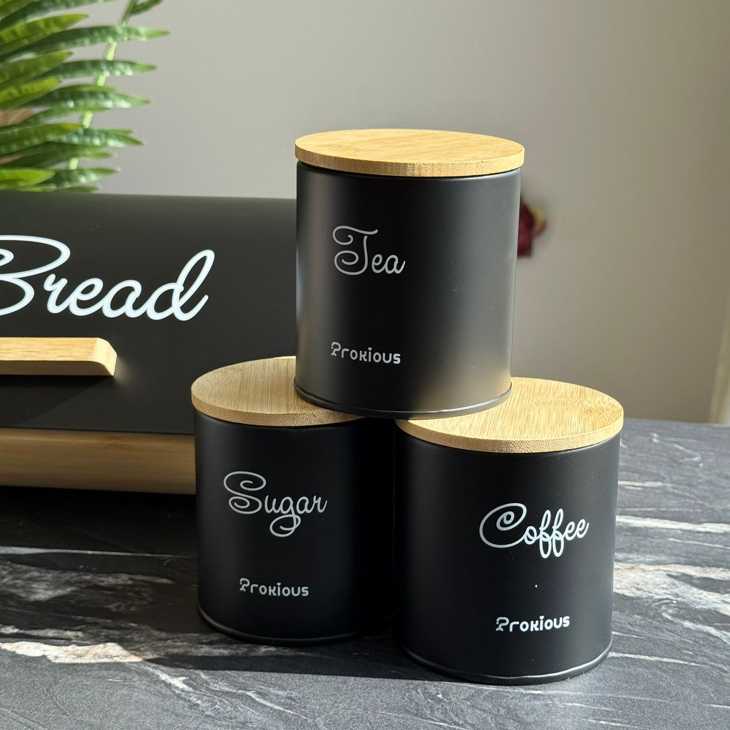 Modern Bread Bin with Storage Canister Set & Wooden Lid