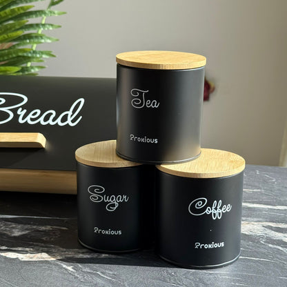Modern Bread Bin with Storage Canister Set & Wooden Lid