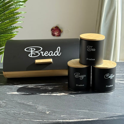 Modern Bread Bin with Storage Canister Set & Wooden Lid