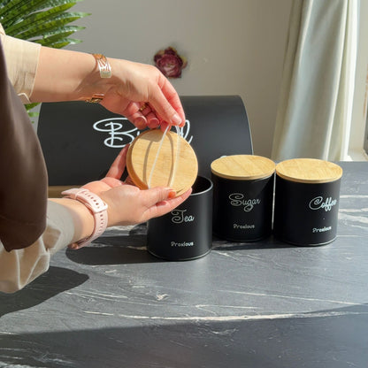Modern Bread Bin with Storage Canister Set & Wooden Lid