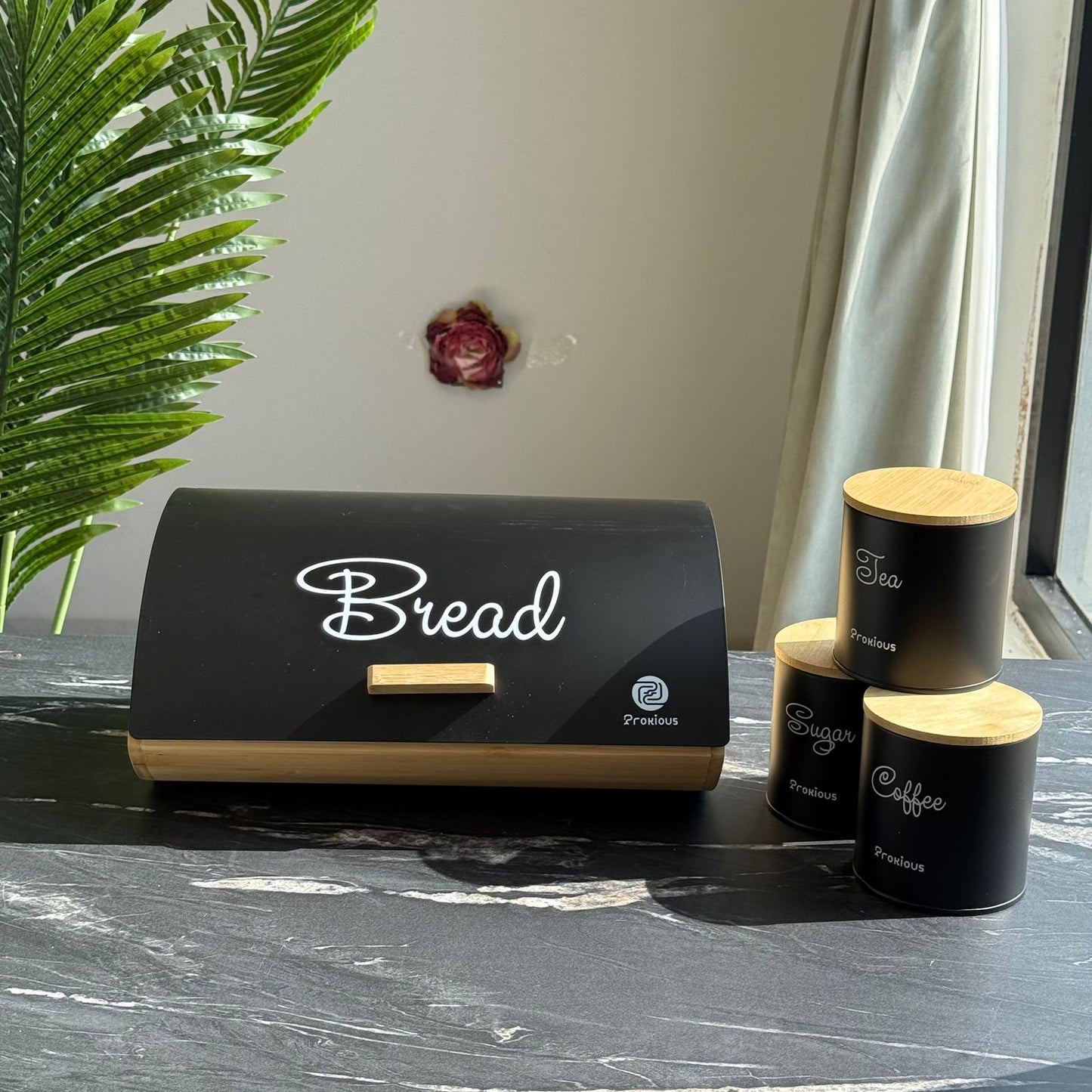 Modern Bread Bin with Storage Canister Set & Wooden Lid