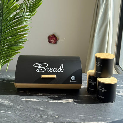 Modern Bread Bin with Storage Canister Set & Wooden Lid