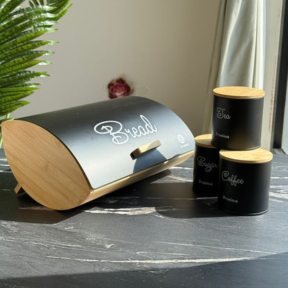 Modern Bread Bin with Storage Canister Set & Wooden Lid