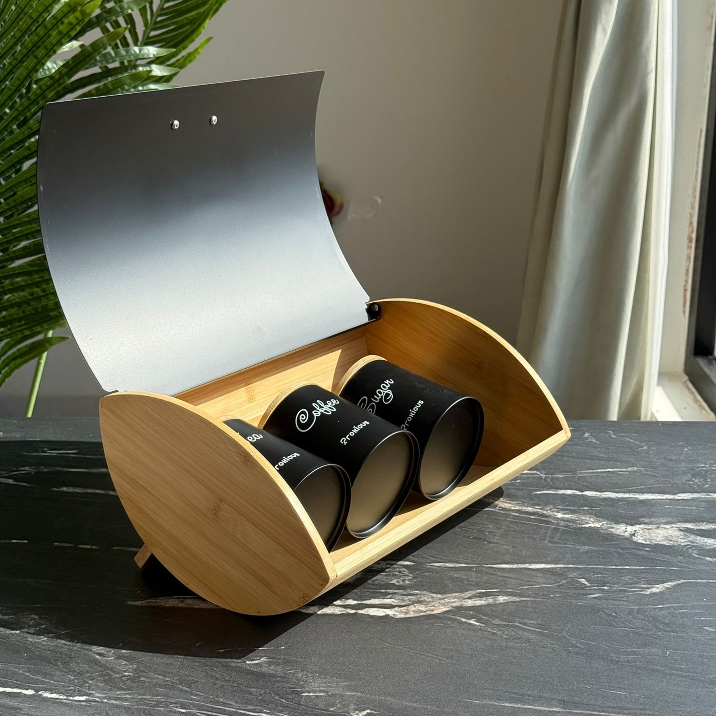 Modern Bread Bin with Storage Canister Set & Wooden Lid