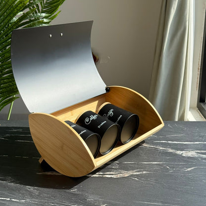 Modern Bread Bin with Storage Canister Set & Wooden Lid
