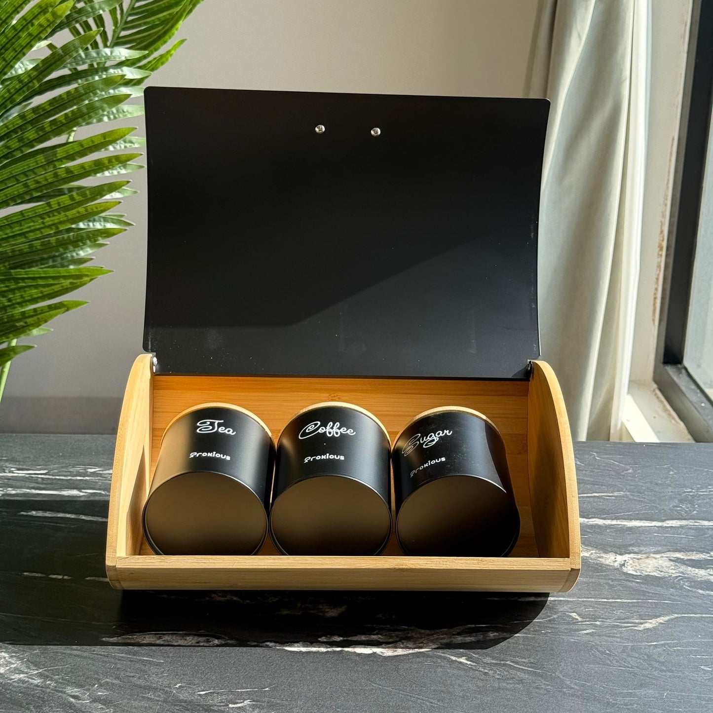 Modern Bread Bin with Storage Canister Set & Wooden Lid