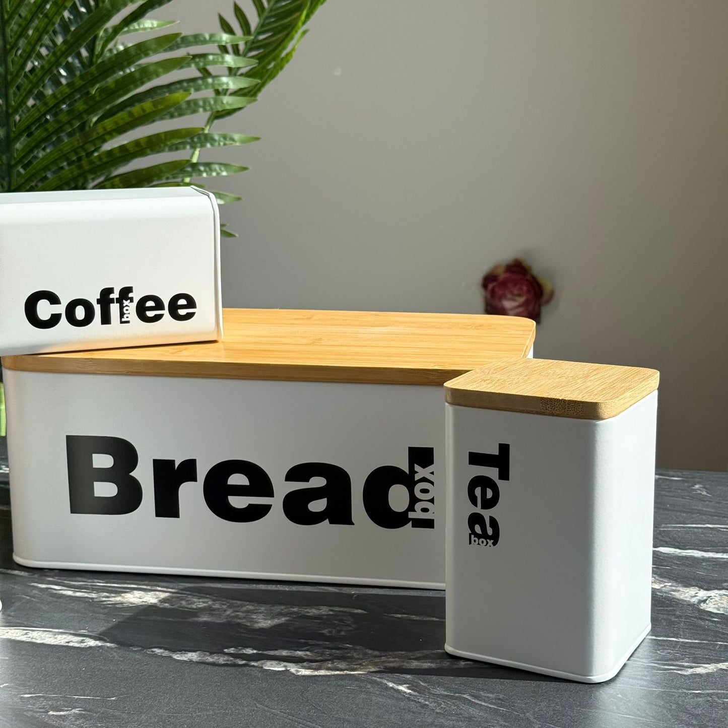 Modern Bread Bin with Storage Canister Set And Wooden Lid