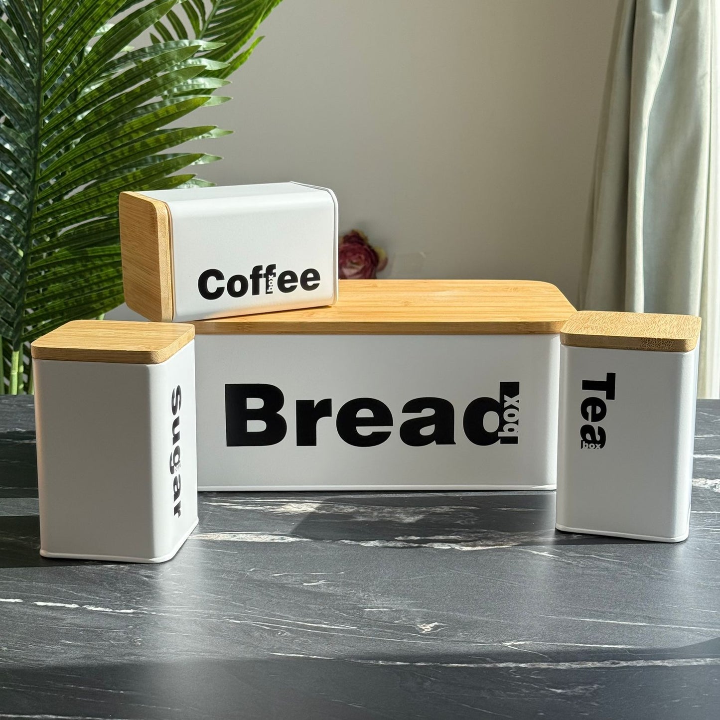 Modern Bread Bin with Storage Canister Set And Wooden Lid