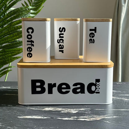 Modern Bread Bin with Storage Canister Set And Wooden Lid