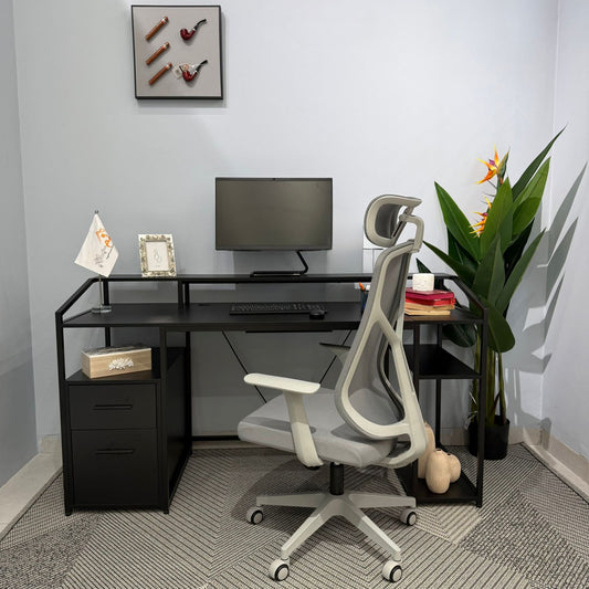 Modern Workspace Desk with Side Storage Shelves & Cabinets