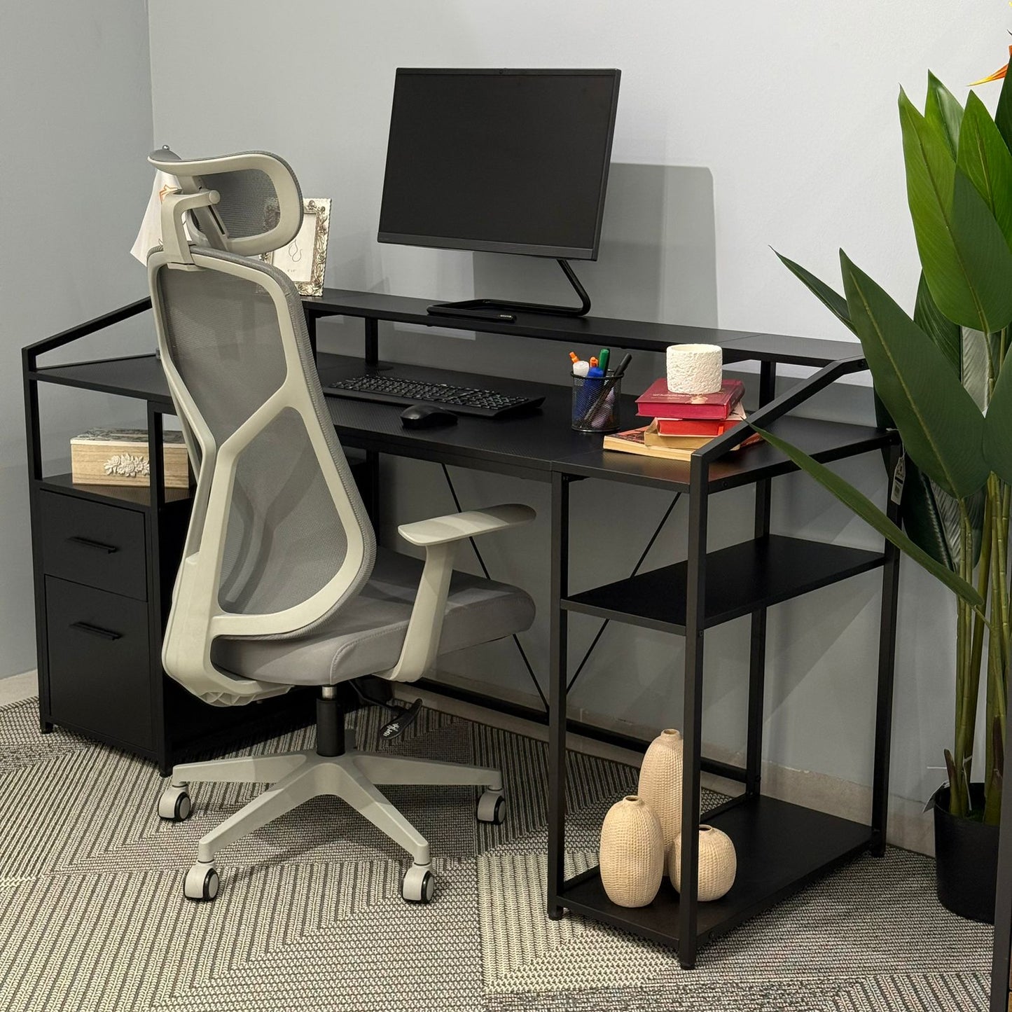 Modern Workspace Desk with Side Storage Shelves & Cabinets