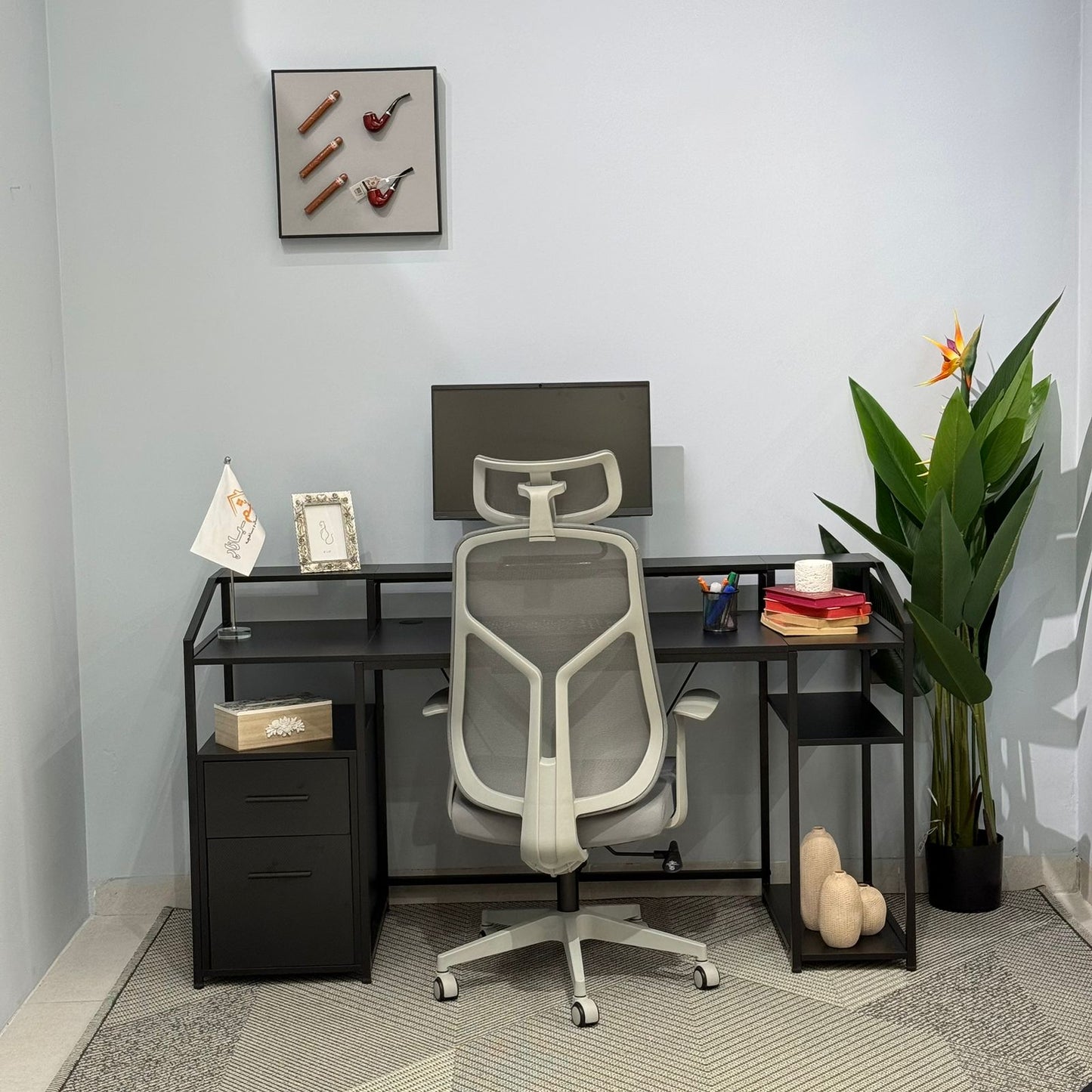 Modern Workspace Desk with Side Storage Shelves & Cabinets