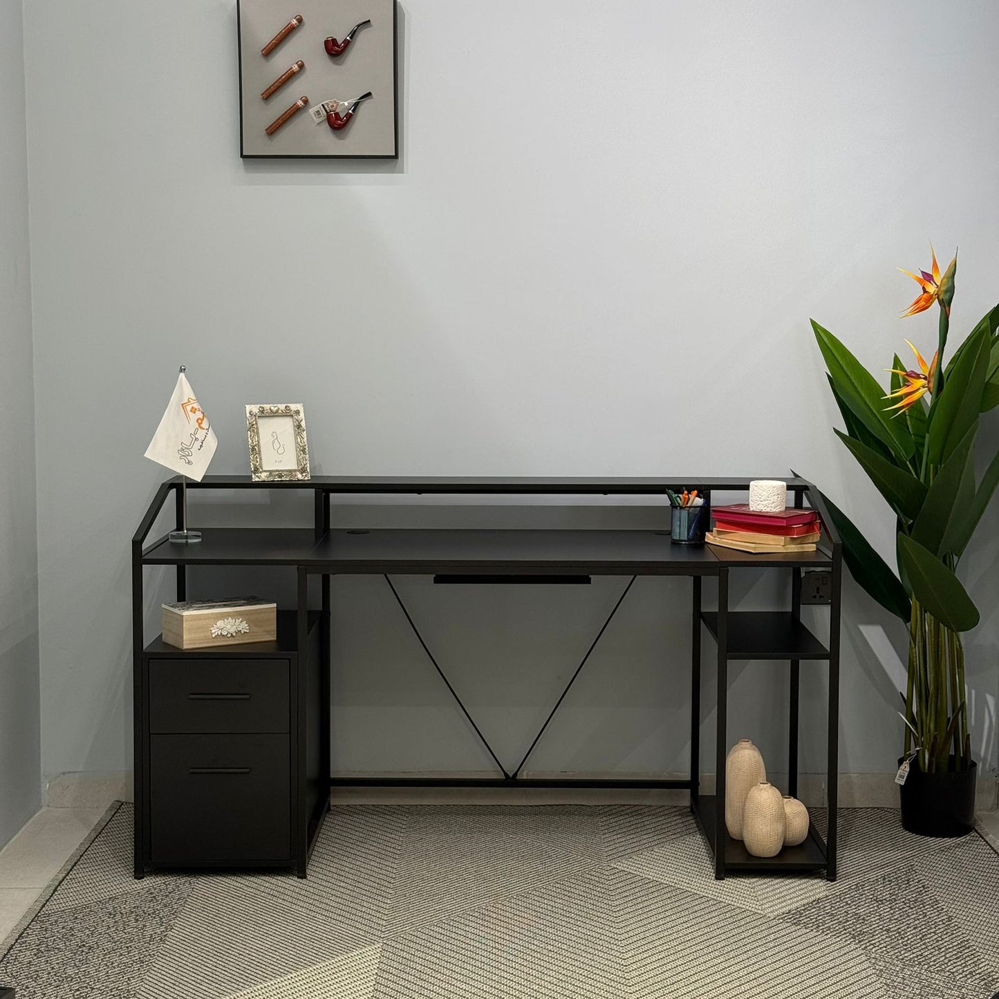 Modern Workspace Desk with Side Storage Shelves & Cabinets