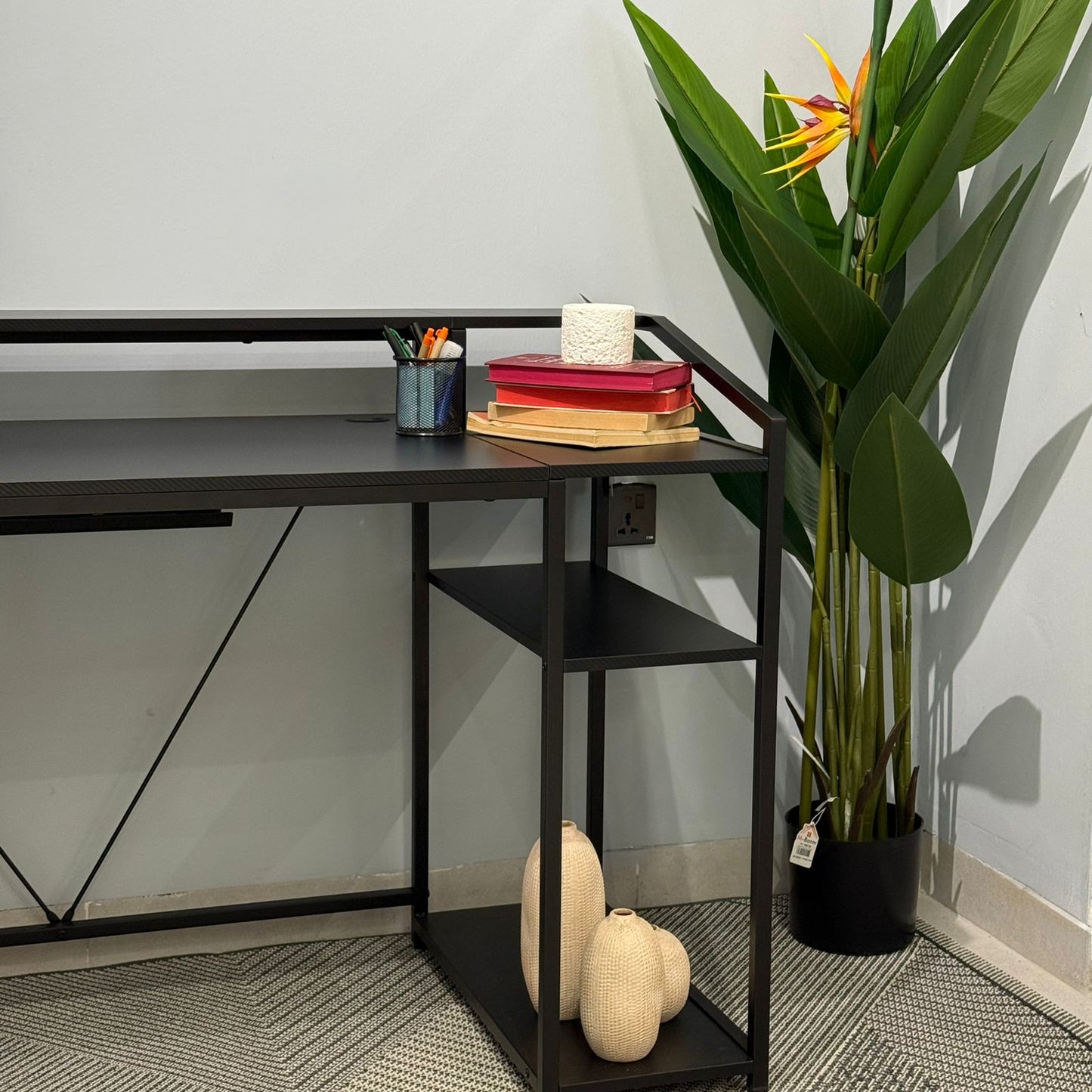 Modern Workspace Desk with Side Storage Shelves & Cabinets