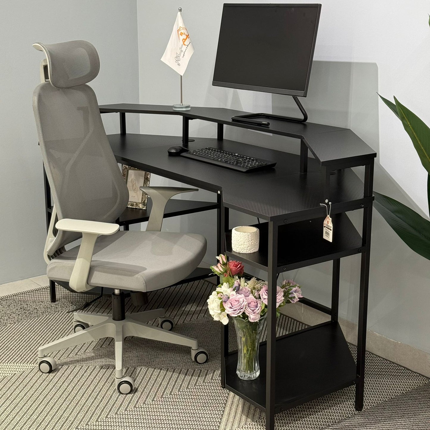 Modern Computer Desk with Side Storage Shelves and Elevated Monitor Stand