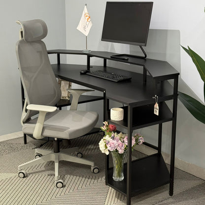 Modern Computer Desk with Side Storage Shelves and Elevated Monitor Stand